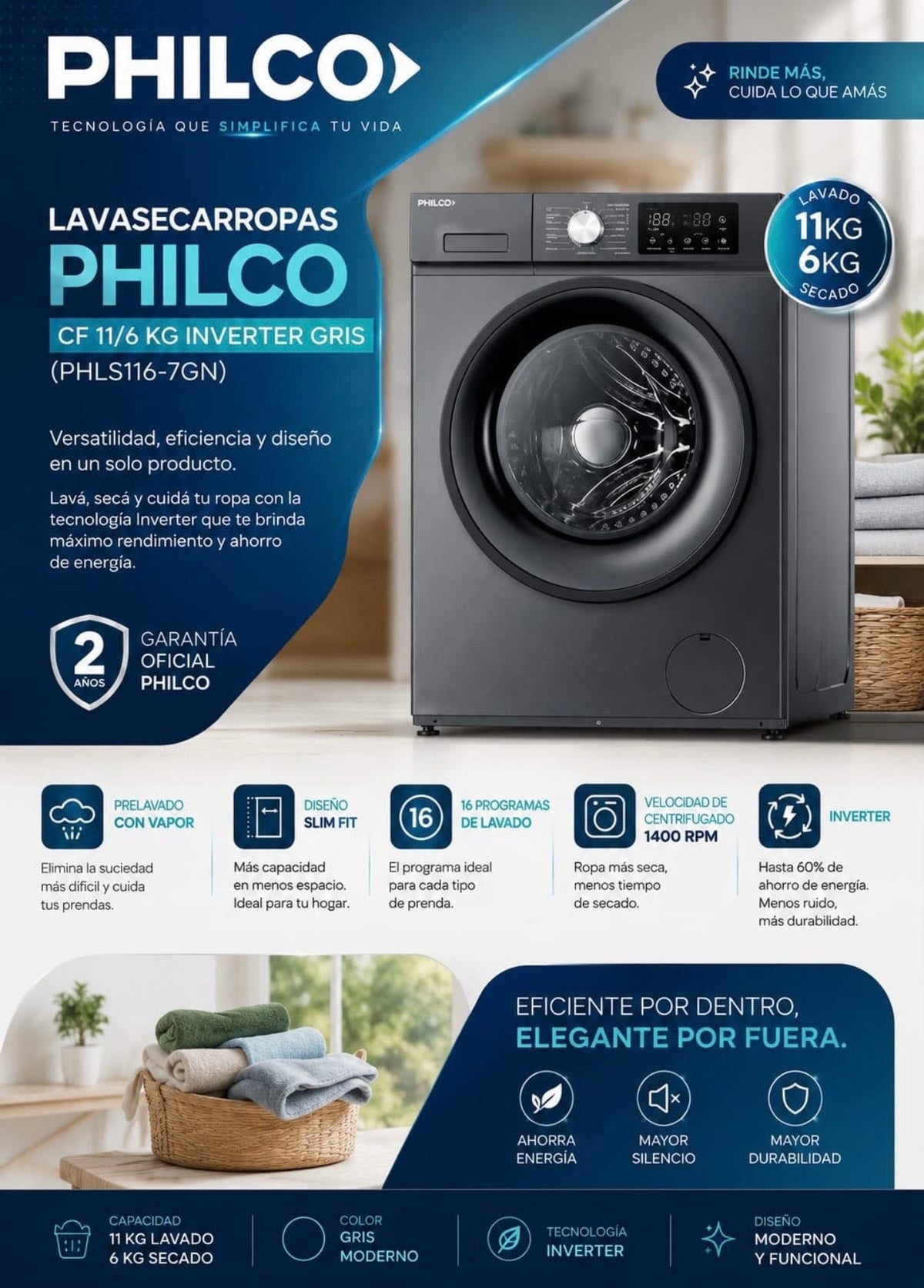 Lavasecarropas Philco CF 11/6 KG Inverter Gris (PHLS116-7GN)
